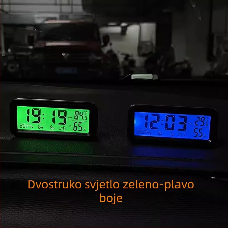 Solarni digitalni mjerač temperature i vlage za auto i dom s osvijetljenim satom, ABS kućište