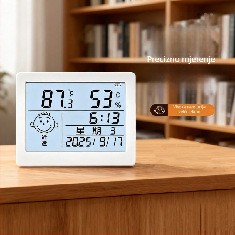 Bežični digitalni mjerač temperature i vlage za kućno okruženje – zidni ili stolni montažni, visoka preciznost, napajanje s 2x AAA baterijama