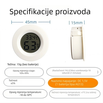 Okrugli kućni mjerač temperature i vlage za kutiju za uzgoj gmazova — ugrađeni digitalni termometar, raspon temperature -10 do 50°C, vlaga 10–99%