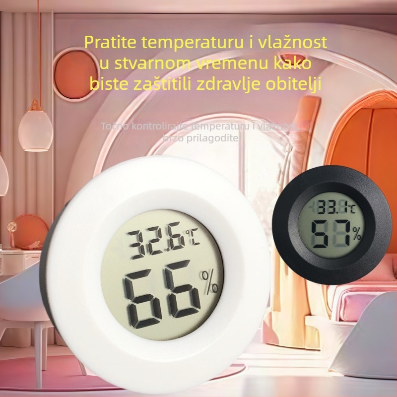 Okrugli kućni mjerač temperature i vlage za kutiju za uzgoj gmazova — ugrađeni digitalni termometar, raspon temperature -10 do 50°C, vlaga 10–99%