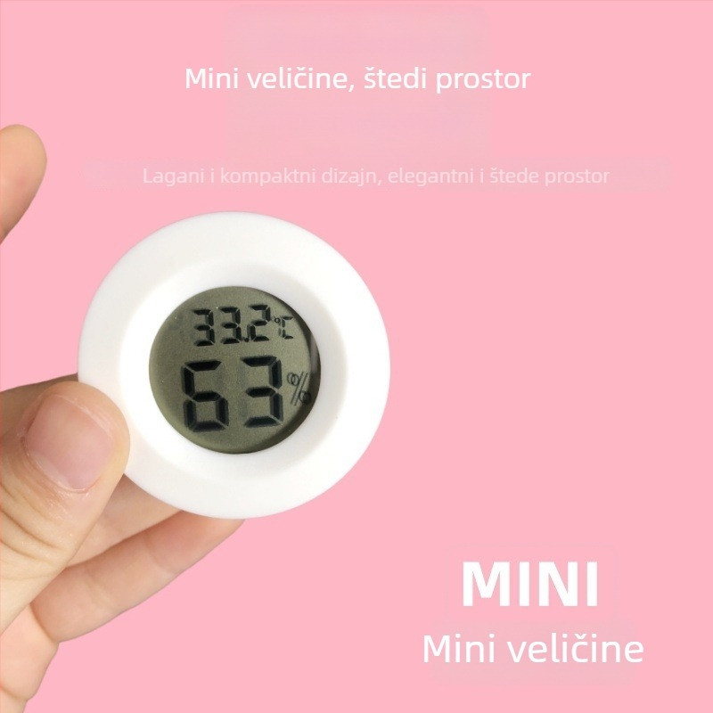 Okrugli kućni mjerač temperature i vlage za kutiju za uzgoj gmazova — ugrađeni digitalni termometar, raspon temperature -10 do 50°C, vlaga 10–99%