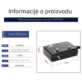 Senzor temperature izduvnih plinova s digitalnim zaslonom - raspon 0-1000°C, točnost 95%, za 12V auto, CNSPEED P-ETM-01