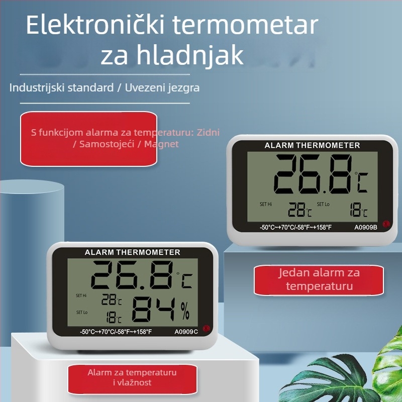Elektronički mjerač temperature i vlage s alarmom i magnetom za hladnjak i zamrzivač, -50 do 70 °C, točnost ±1 °C, dimenzije 62×60×17 mm, baterija LR44/AG13