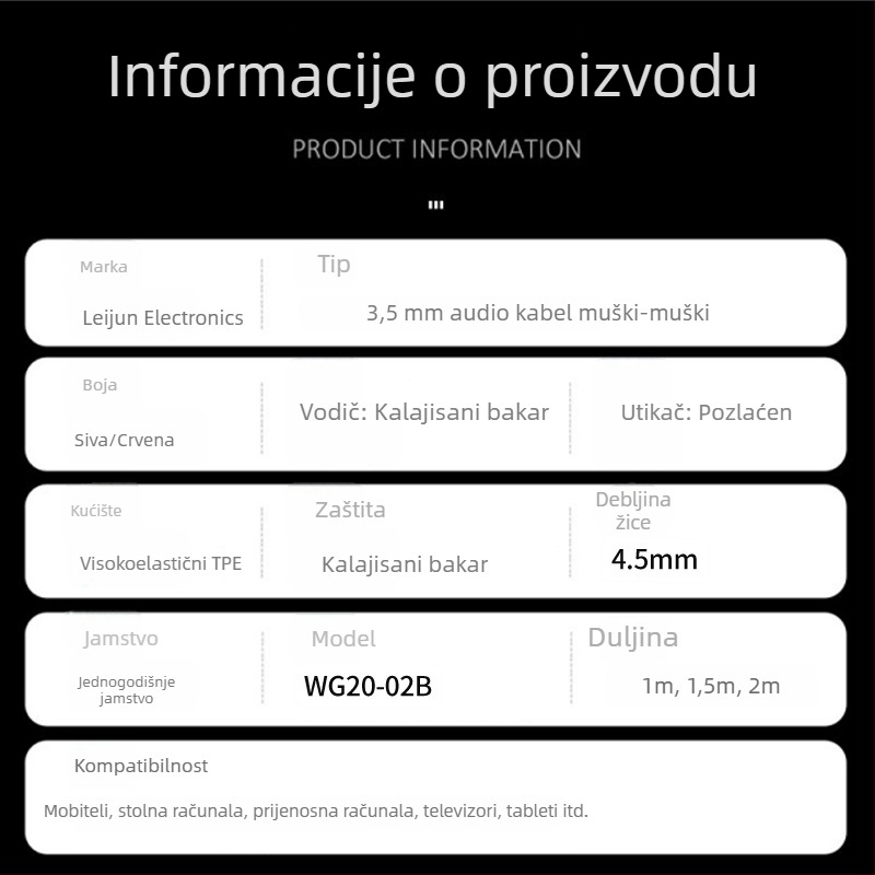 3,5 mm muško–muški audio kabel, ravni i zakrivljeni, za računalo, mobitel, slušalice i auto stereo