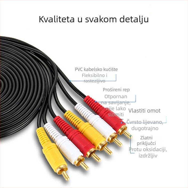 AV kabel sa šestero glavom Lotus, 3 na 3 audio-video kabel, zlatni konektori, jezgro od čelika s bakrenom prevlakom, PVC ovojak, za set-top box i DVD