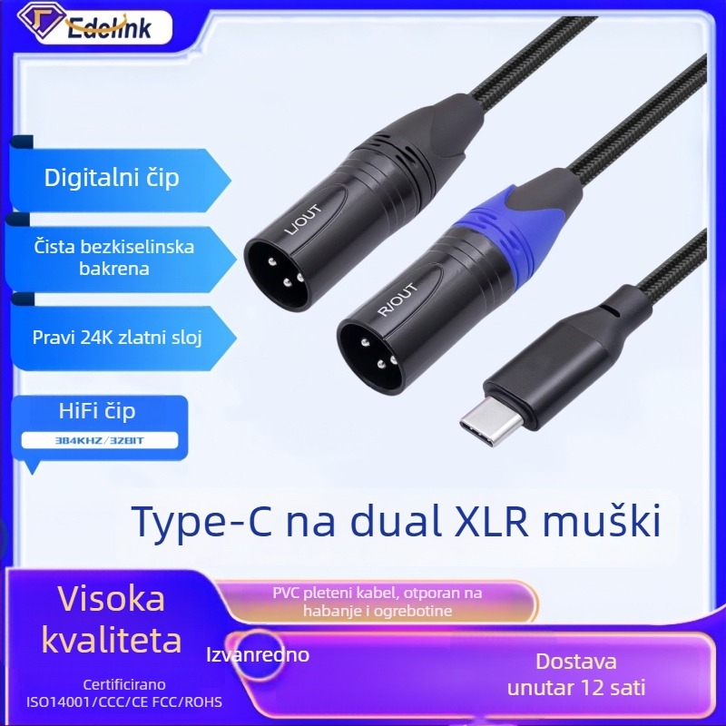 Type-C na dual XLR muški, Y-oblikovani balansirani audio kabel za lijevi i desni kanal - OFC bakar, pozlaćeni konektori, HIFI čip 384kHz/32bit