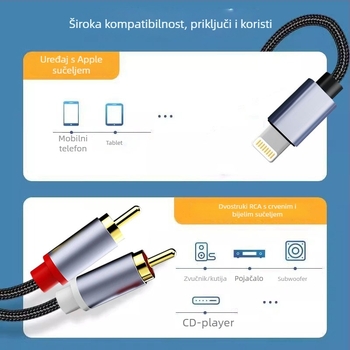 Apple na dvostruki RCA audio kabel, zlatno-platinasti konektori, bakreno jezgro, bakreni vodiči, težina 30 g
