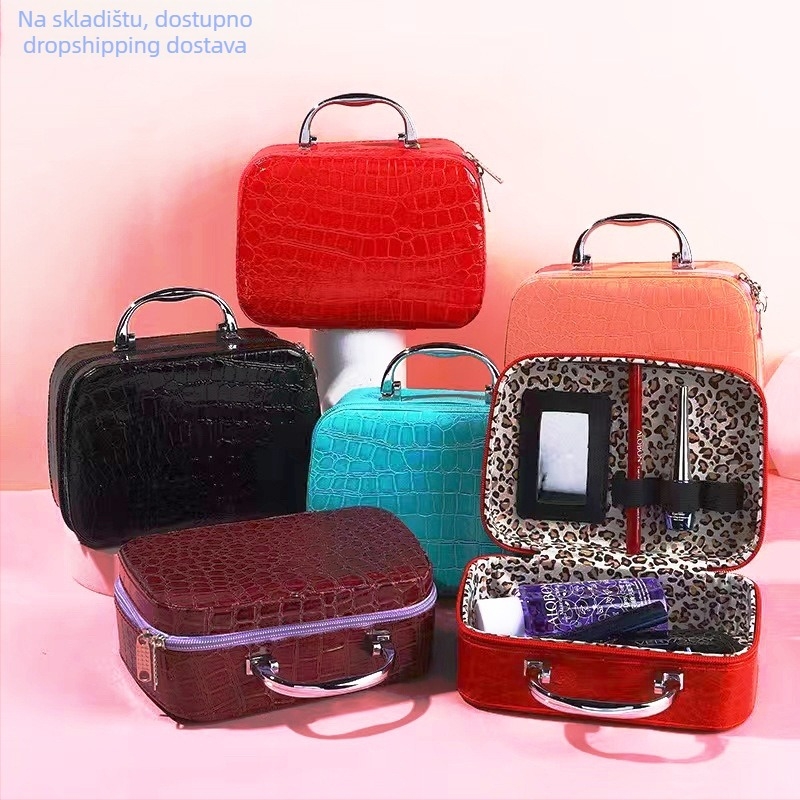 Kozmetička torbica s ogledalom, kamen uzorak, četverokutni organizator za šminku, PU koža, najlonska podstava, ručno izrađeno