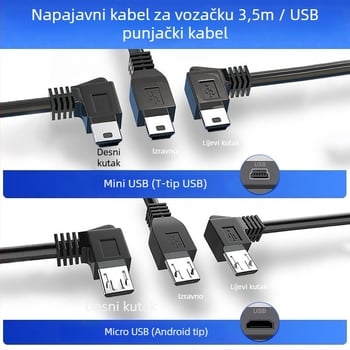 Napajanje za auto DVR: USB na Mini Android Type-C kabel za navigacijski sustav, duljina 3,5 m