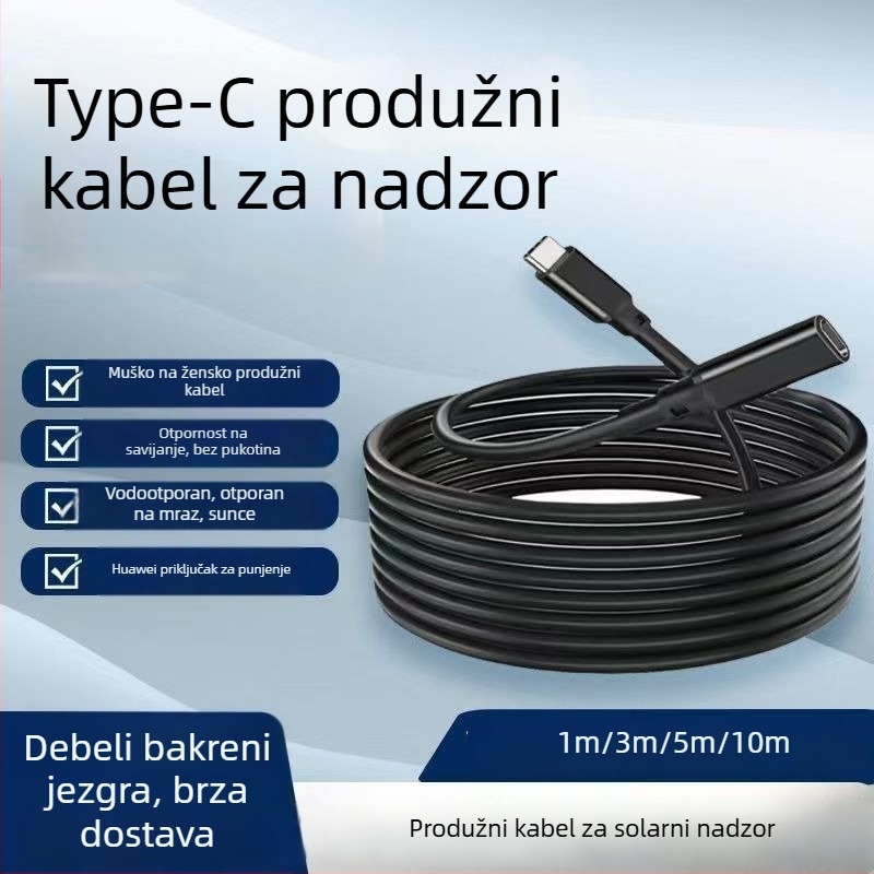 Type-C muški–ženski produžni kabel za solarno praćenje, duljine 1 m/3 m/5 m/10 m, napajajući kabel