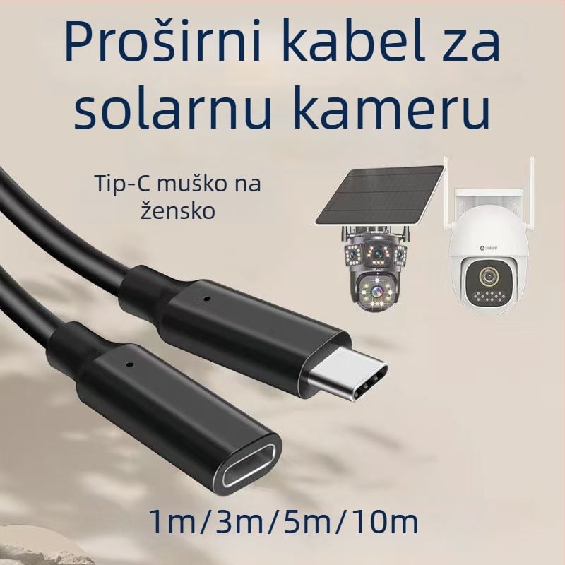 Type-C muški–ženski produžni kabel za solarno praćenje, duljine 1 m/3 m/5 m/10 m, napajajući kabel