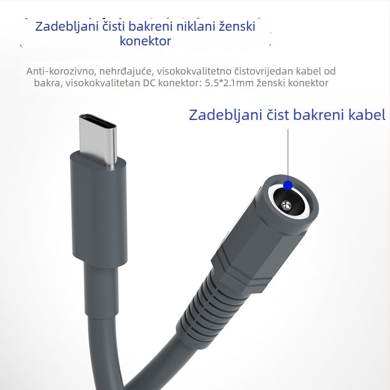 Type-C na DC5521 ženski PD produžni kabel, visoka snaga, duljina 0,5–30 m