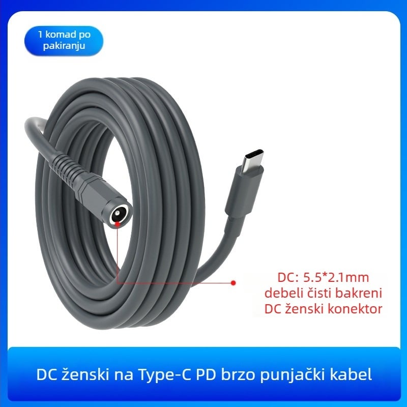Type-C na DC5521 ženski PD produžni kabel, visoka snaga, duljina 0,5–30 m