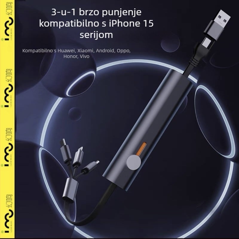 Metalni podatkovni kabel tri u jedan s brzim punjenjem za Apple, Huawei i Android