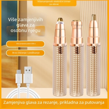 Električni višenamjenski trimer za obrve, nosnu kosu i tijelo; ABS kućište; USB napajanje; uklonjiva glava za jednostavno čišćenje; težina 64 g.