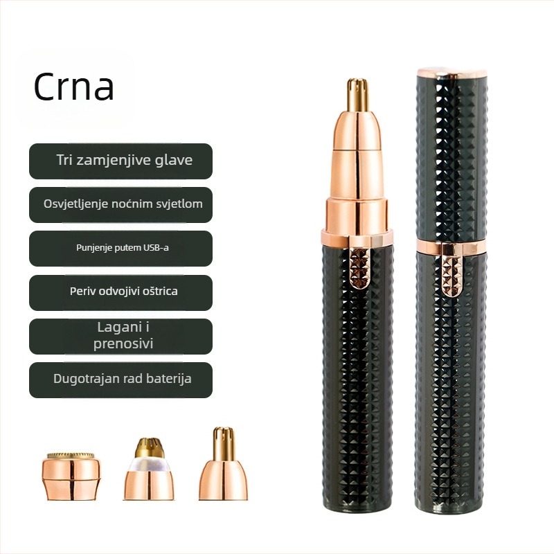 Električni višenamjenski trimer za obrve, nosnu kosu i tijelo; ABS kućište; USB napajanje; uklonjiva glava za jednostavno čišćenje; težina 64 g.