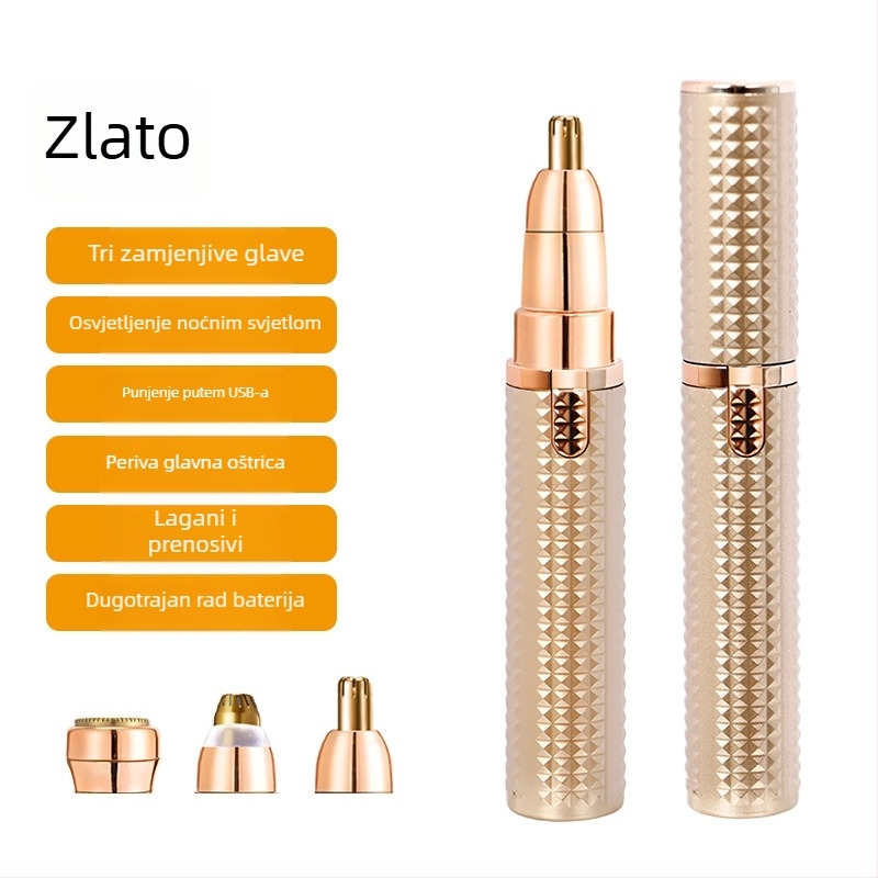 Električni višenamjenski trimer za obrve, nosnu kosu i tijelo; ABS kućište; USB napajanje; uklonjiva glava za jednostavno čišćenje; težina 64 g.