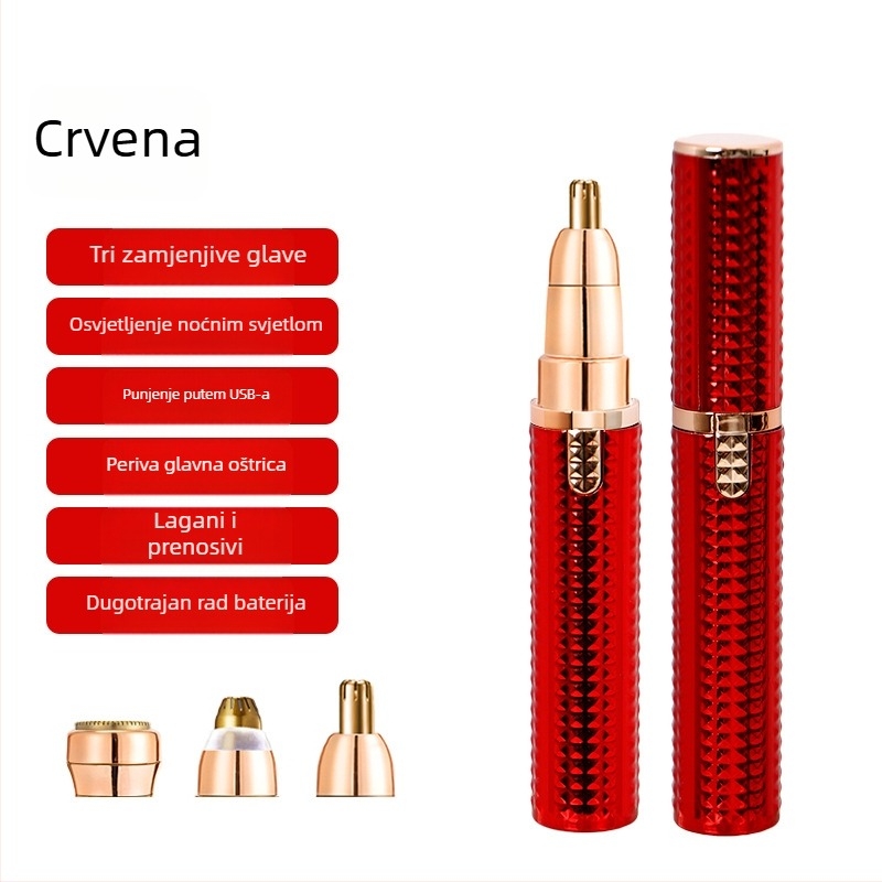 Električni višenamjenski trimer za obrve, nosnu kosu i tijelo; ABS kućište; USB napajanje; uklonjiva glava za jednostavno čišćenje; težina 64 g.