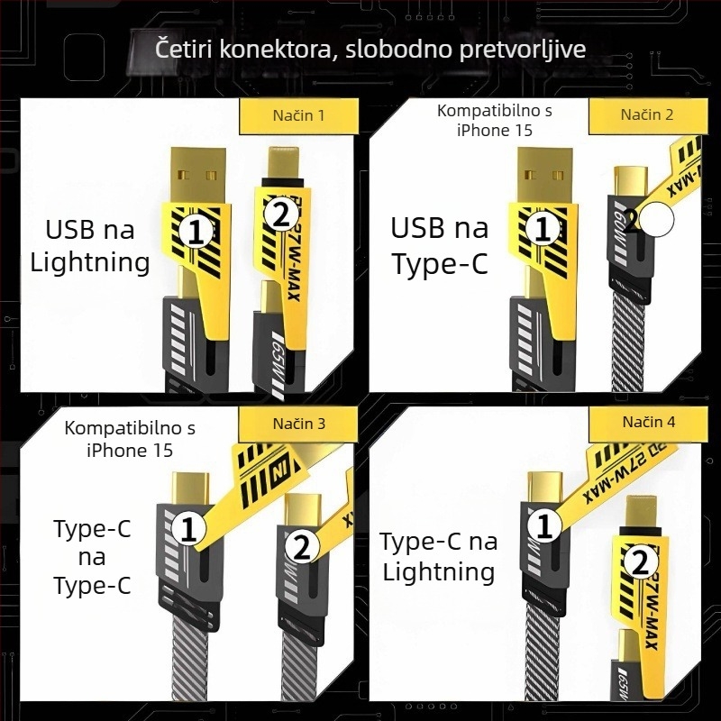 USB-C i Lightning kabel za podatkovnu i napajanje, pleteni kabel, PD brzo punjenje, duljina 1 m, dvostruki izlaz