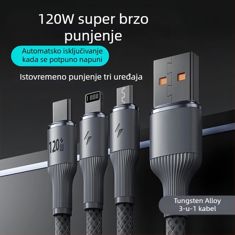 3-u-1 kabel za telefon s pletenim wolframom, 120W brzo punjenje, kompatibilan s Apple, Type-C i Android