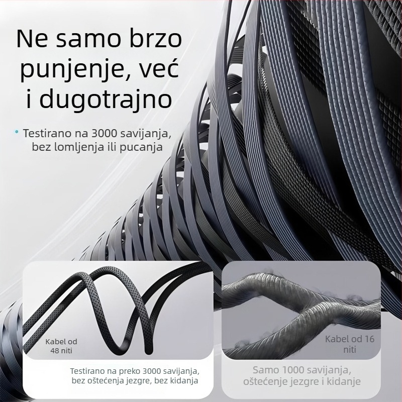 3-u-1 kabel za telefon s pletenim wolframom, 120W brzo punjenje, kompatibilan s Apple, Type-C i Android