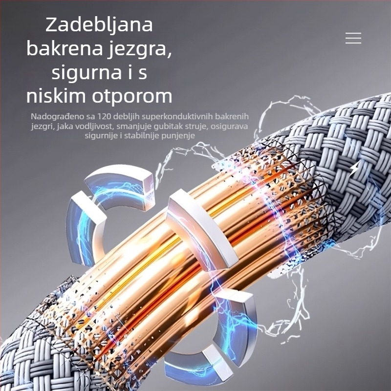 3-u-1 kabel za telefon s pletenim wolframom, 120W brzo punjenje, kompatibilan s Apple, Type-C i Android