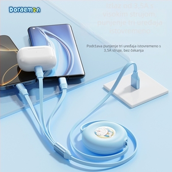 Doraemon 3-u-1 izvučni kabel za punjenje s Lightning, Micro USB i USB-C priključcima, silikon konstrukcije.
