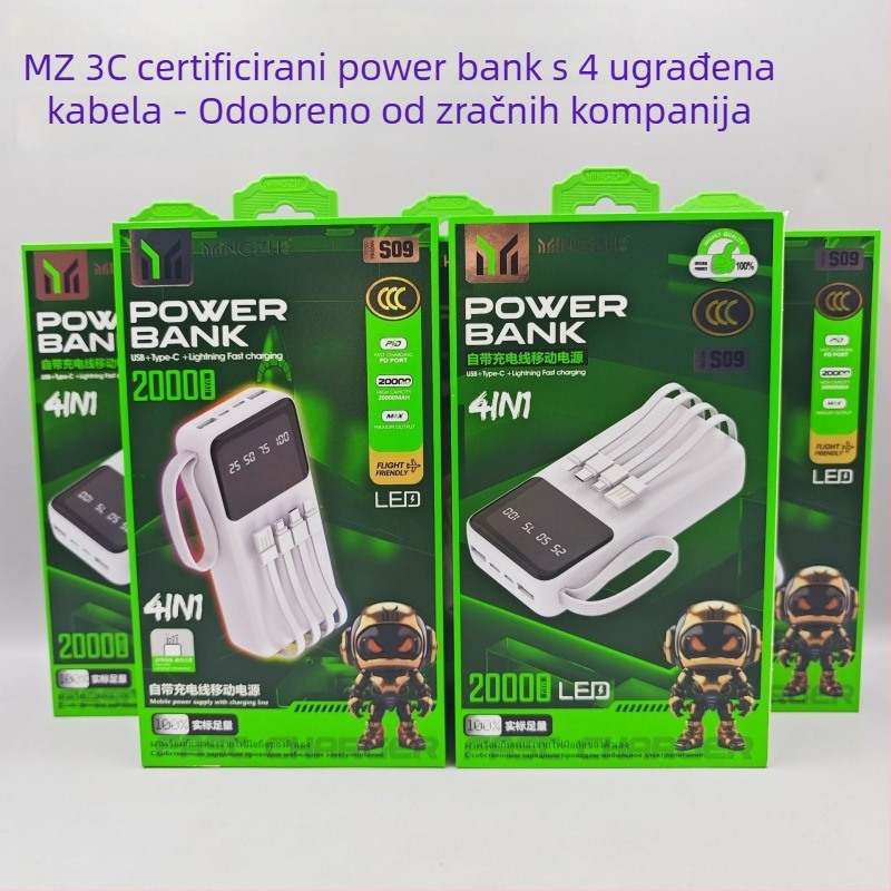 Vanjska power banka 20000 mAh s ugrađenim kabelom, digitalni prikaz, 12W brzo punjenje, više USB izlaza