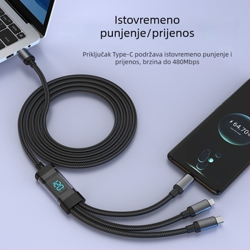 Pametni kabel za punjenje s digitalnim prikazom, 1 na 3, 3-u-1 s konektorima Lightning, Micro USB i USB-C; kompatibilan s Huawei, Apple, Vivo i Honor uređajima; 120W brzo punjenje.
