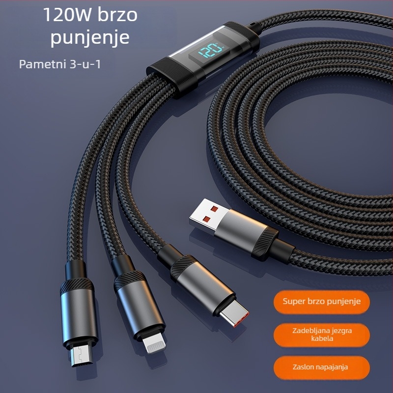 Pametni kabel za punjenje s digitalnim prikazom, 1 na 3, 3-u-1 s konektorima Lightning, Micro USB i USB-C; kompatibilan s Huawei, Apple, Vivo i Honor uređajima; 120W brzo punjenje.