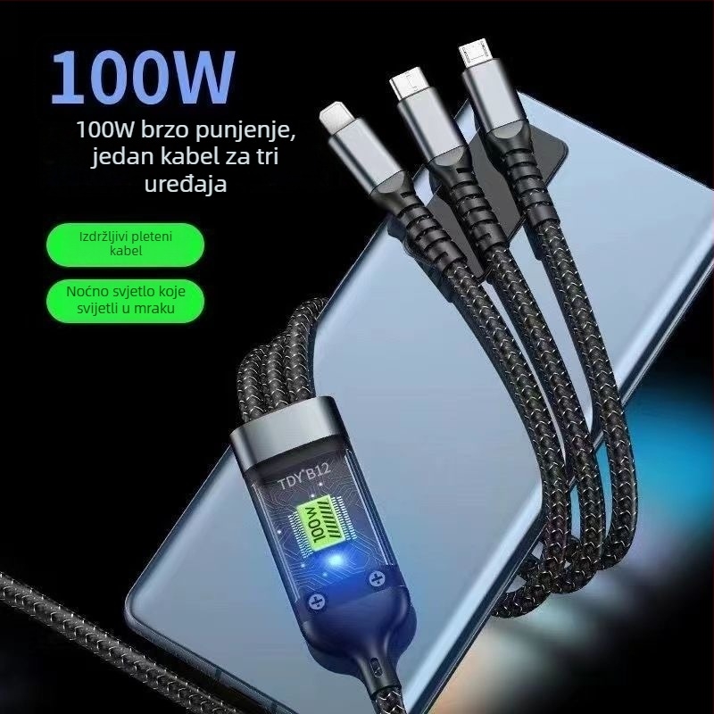Pametni kabel za punjenje s digitalnim prikazom, 1 na 3, 3-u-1 s konektorima Lightning, Micro USB i USB-C; kompatibilan s Huawei, Apple, Vivo i Honor uređajima; 120W brzo punjenje.