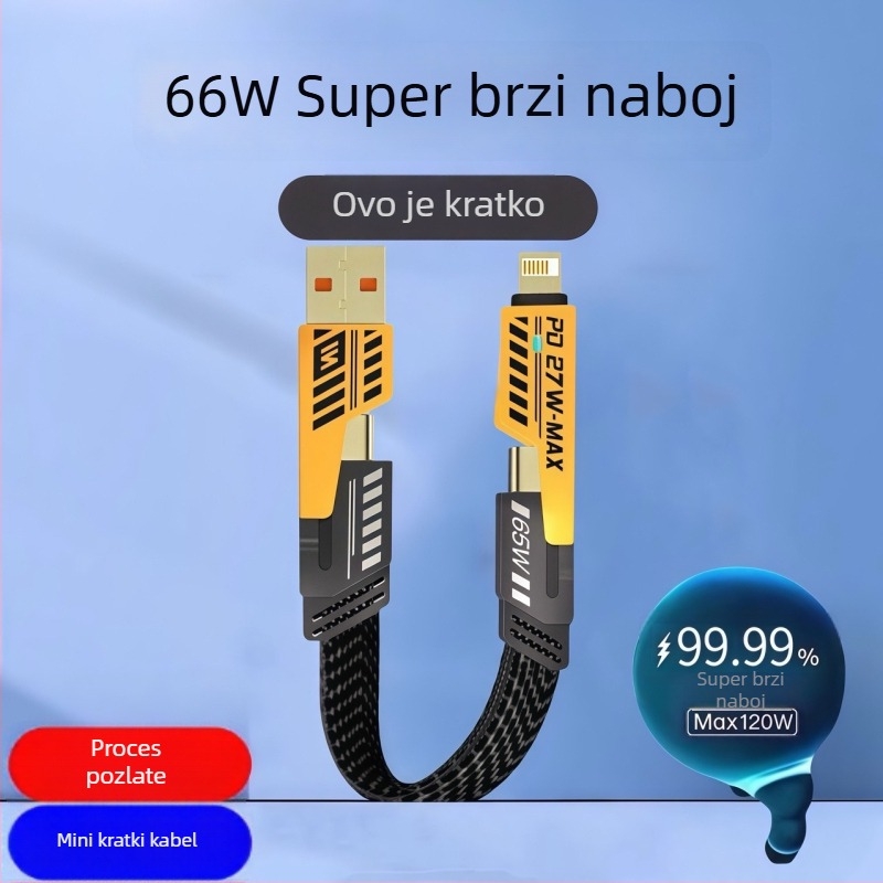 PD 4-u-1 pancirni kabel, duljina 1–2 m, brzo punjenje 65W, Lightning i Type-C, za Huawei, Apple, Honor i Xiaomi