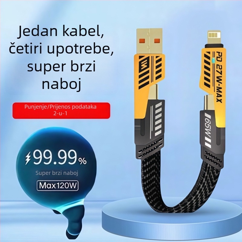PD 4-u-1 pancirni kabel, duljina 1–2 m, brzo punjenje 65W, Lightning i Type-C, za Huawei, Apple, Honor i Xiaomi