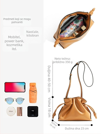 Ženska kožna crossbody torbica s oblikom oblaka, dvostruki sloj govedje kože, zatvaranje šnalom i kopčom, pamučna podstava