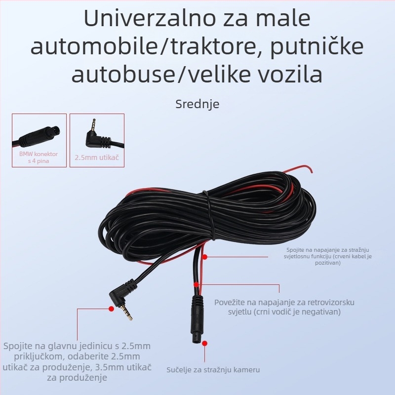 Kabel dashcama s pravim kutem, 2.5 mm video priključak, 5-pinski digitalni, PVC oklop, Rohs certificiran