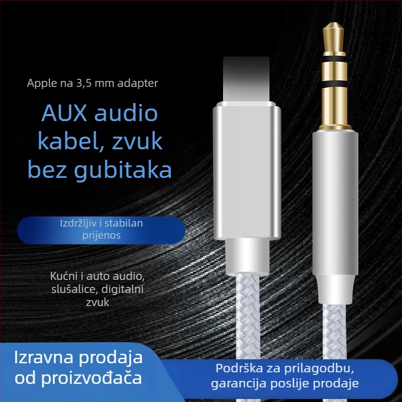 Lightning auto audio kabel 3,5 mm za iPhone 15 — pozlaćeni konektori, najlonsko jezgro, bakreni vodič, Rohs certifikat
