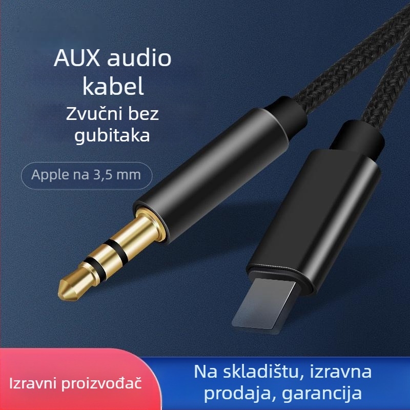 Lightning auto audio kabel 3,5 mm za iPhone 15 — pozlaćeni konektori, najlonsko jezgro, bakreni vodič, Rohs certifikat