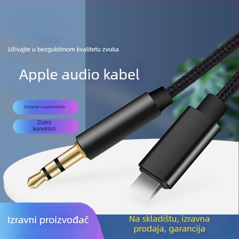 Lightning auto audio kabel 3,5 mm za iPhone 15 — pozlaćeni konektori, najlonsko jezgro, bakreni vodič, Rohs certifikat