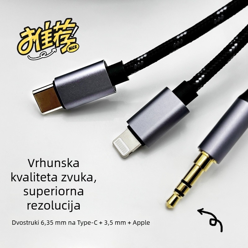 Multifunkcionalni audio kabel 2→3 s muškim konektorima 6,35 mm, USB-C, 3,5 mm i Lightning