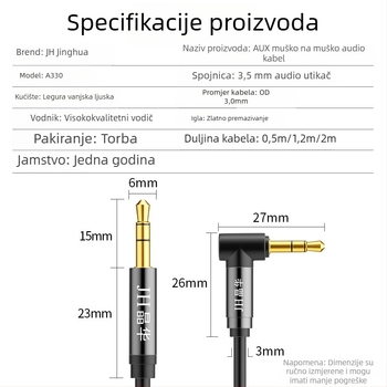 Zakrivljeni audio kabel 3,5 mm na 3,5 mm, zlatno obloženi vod, oksid-free bakar, bakreno jezgro, ISO 9001