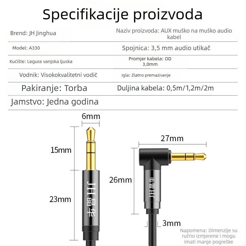 Zakrivljeni audio kabel 3,5 mm na 3,5 mm, zlatno obloženi vod, oksid-free bakar, bakreno jezgro, ISO 9001