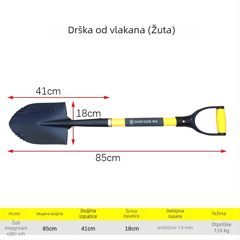 Lopata za ugradnju na vozilo za vrtlarstvo i terenska kretanja — sklopiva, glava od manganskog čelika, ručka od vlaknastog materijala, 1.16 kg