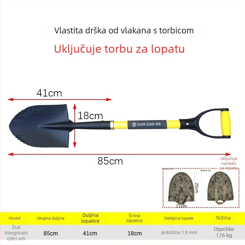 Lopata za ugradnju na vozilo za vrtlarstvo i terenska kretanja — sklopiva, glava od manganskog čelika, ručka od vlaknastog materijala, 1.16 kg