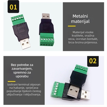 USB A muški bez lemljenja za 5-pinski terminal, JT1283, 3C digital