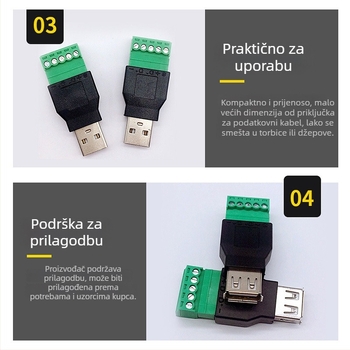 USB A muški bez lemljenja za 5-pinski terminal, JT1283, 3C digital