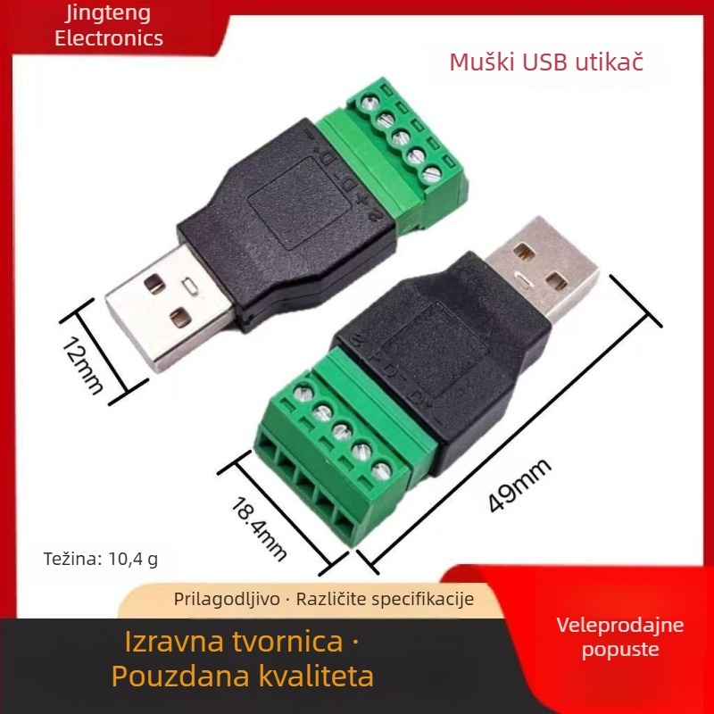 USB A muški bez lemljenja za 5-pinski terminal, JT1283, 3C digital