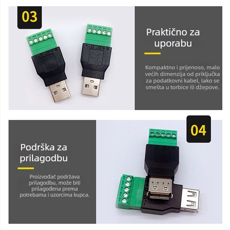 USB A muški bez lemljenja za 5-pinski terminal, JT1283, 3C digital