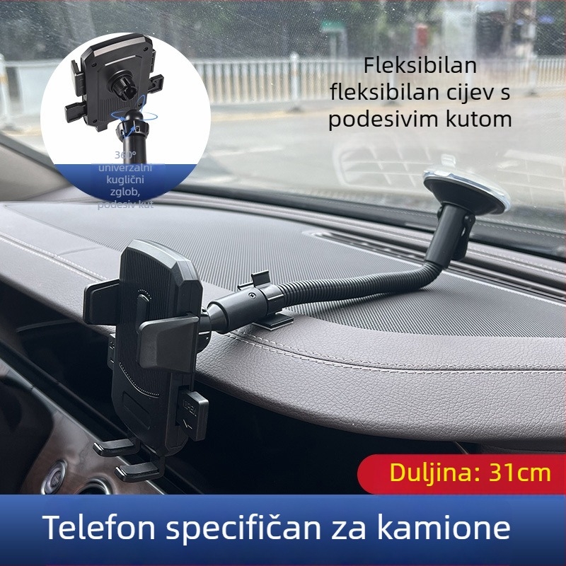 Prošireni držač mobitela za automobil s vakuum čašom za teške kamione — montaža na prednje staklo, otporan na udarce, minimalistički dizajn