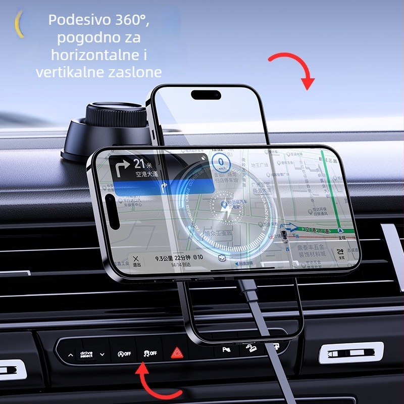 Univerzalni držač za telefon u automobilu s bežičnim punjenjem 15 W, magnetska ugradnja, 360° rotacija, univerzalna kompatibilnost
