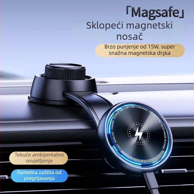 Univerzalni držač za telefon u automobilu s bežičnim punjenjem 15 W, magnetska ugradnja, 360° rotacija, univerzalna kompatibilnost
